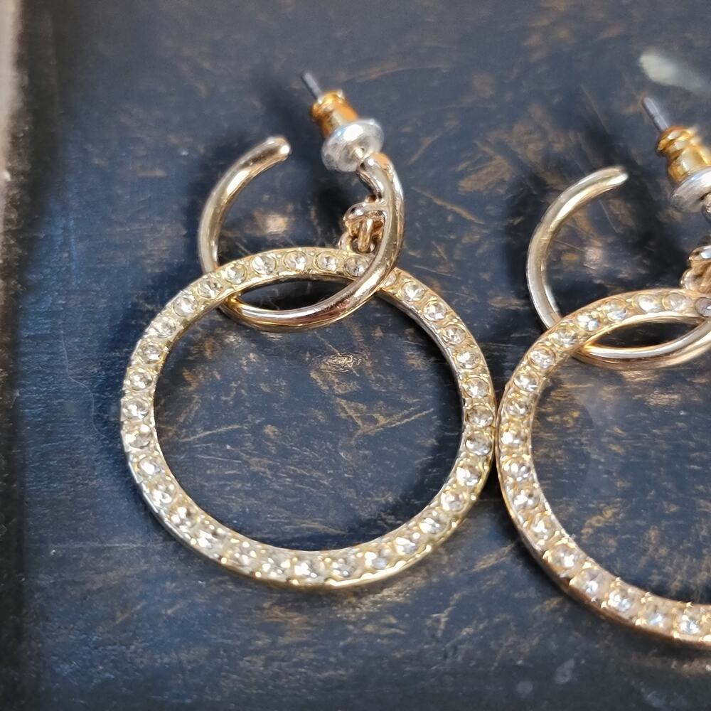 Vintage Gold and Rhinestone Dangle Earrings, Unique 1980s Jewelry